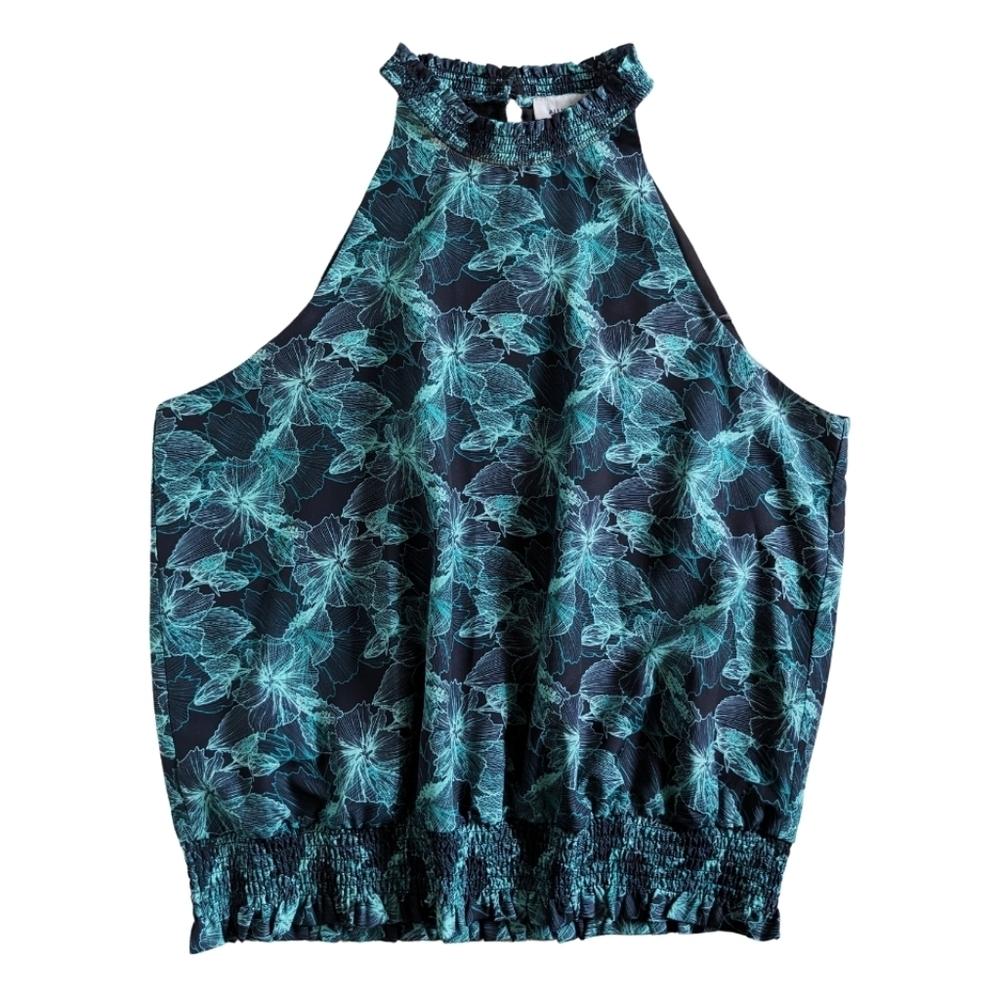 Evereve Allison Joy Floral Botanical Green Smocked Halter Blouse Tank Large